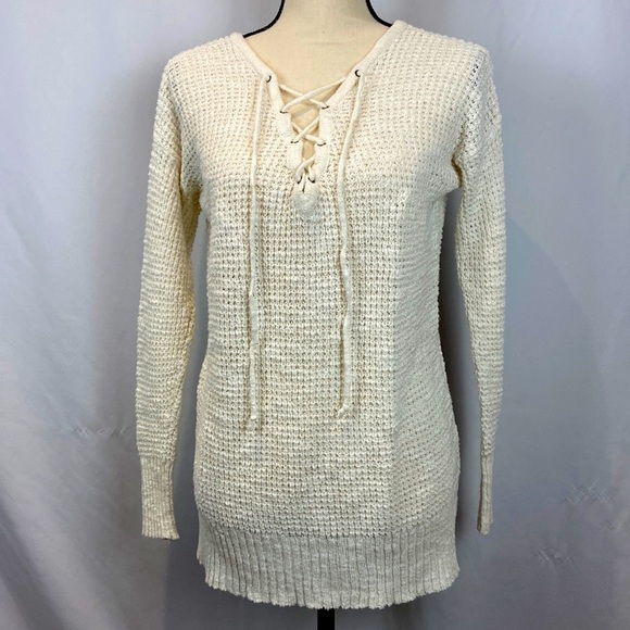 Ivory color American eagle outfitter lace up front long sleeve sweater medium - Picture 1 of 8